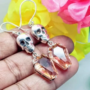 Skull Coffin Drop Earring Morganite Gemstone 925 Sterling Silver Dangle Earring. - Picture 1 of 6
