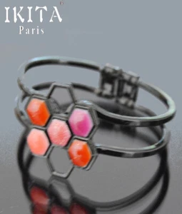 Bracelet IKITA Paris Cuff Bangle Clip Enamel Metal Design Pink/Red - Picture 1 of 1