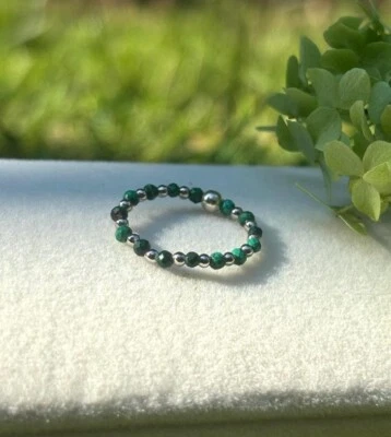 Natural Malachite Faceted Round Gemstone Beads Stretchable Rings For Girls Women - Image 1 of 4