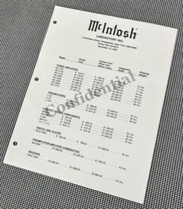 MCINTOSH AUDIO DEALER COST & SUGGESTED RETAIL PRICE DEC 1985 J01030 - Picture 1 of 2