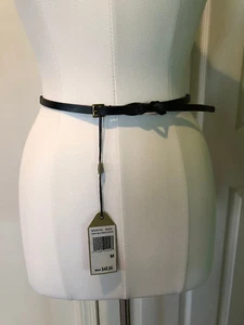 Max Studio Genuine leather skinny slim black belt w/ brass buckle braid keeper M - Picture 1 of 3