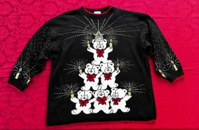 Nutcracker  Holiday Sweater Black White Teddy Bear Christmas USA Made 24W - Image 1 of 4