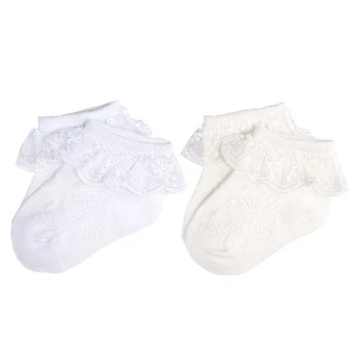 2 Pair Pack Newborn Baby-Girls Eyelet Frilly Lace Socks Princess Ankle Socks ... - Image 1 of 4