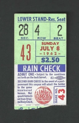 Boleto de 3 jonrones Stan Musial en el campo de polo de los Mets de Nueva York 08/07/1962 Foto 1 de 4