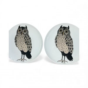 West Elm (2) Zwei Rachel Kozlowski stehende Eule Keramik Salat Desser 8,5" Teller - Bild 1 von 7