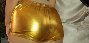 VTG SATIN SHINY LIQUID FOIL GOLD SELFIE SPACEAGE SHORTS POCKETS REFLECTIVE XXL - Picture 1 of 5