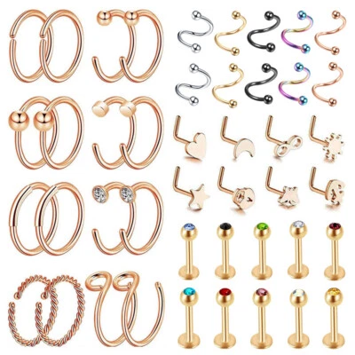 44PCS Surgical Steel Nose Ring Labret Lip Studs Tragus Helix Piercing 20g 16g - Image 1 of 4