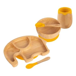 5pc Tiny Dining Yellow Bamboo Elephant Baby Weaning Set Feeding Suction Plate - Picture 1 of 7