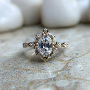 Delicate Oval Cut Moissanite Engagement Ring Halo Vintage Filigree Wedding Ring - Picture 1 of 10