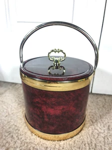 Vintage 6.5" Tall Kraftware Ice Bucket Marbleized Burgundy W/Gold Trim & Handle - Picture 1 of 5