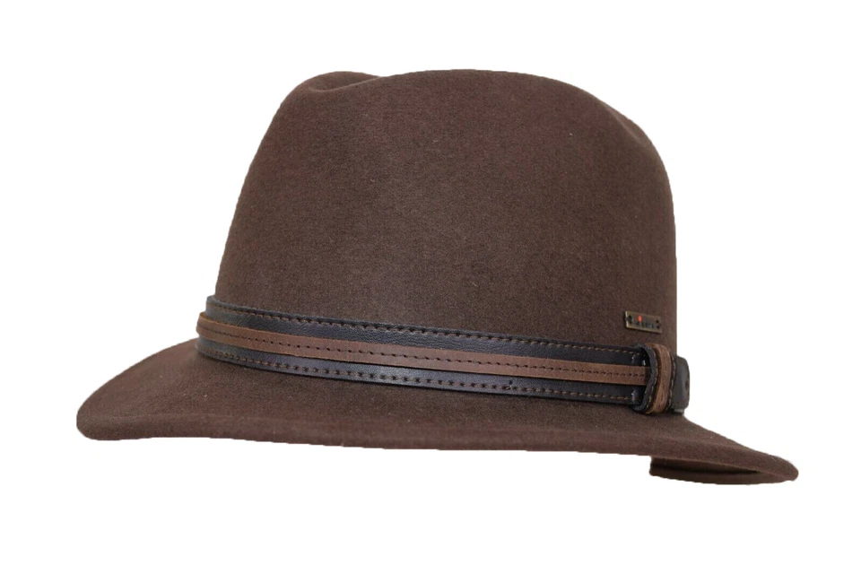 Fedora de fieltro aplastable marrón 100 % lana Wigens nueva con etiquetas talla M 58, 7 y 1/4 Foto 1 de 4