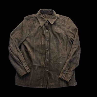 Y2K Valerie Stevens Chaqueta de Cuero Gamuza Marrón Talla L Camisa-Estilo Manga Larga Otoño Foto 1 de 4
