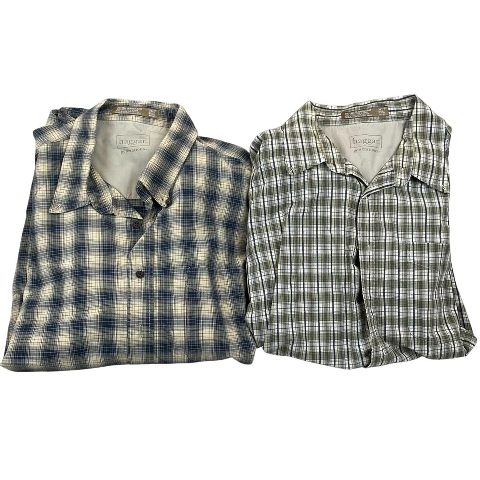 Haggar Mens Plaid Button-Down Shirts 3XLT 100% Cotton Blue & Green Lot Of 2 - Image 1 of 4