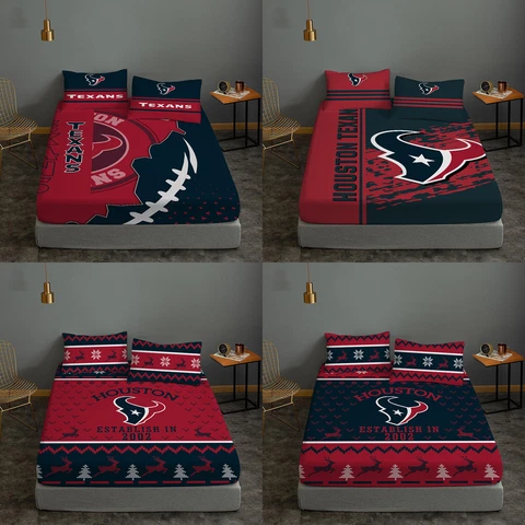 Houston Texans Fitted Sheet Pillowcases 3Pcs Deep Pocket Bed Sheet Set Fans Gift Cover