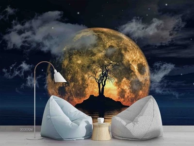 Murales de pared de luna llena de pájaro lago fantasía 3D papel tapiz murales pegatina de pared Foto 1 de 4