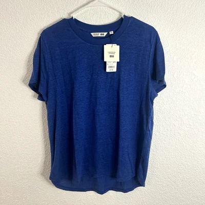 Uniqlo Lino Cuello Redondo Manga Corta T Mujer Talla Grande Azul Nuevo con Etiquetas 100% Lino  Foto 1 de 3