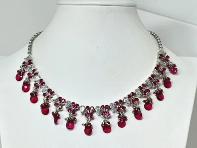 Colar imitação tom prata rubi vermelho vidro transparente strass 14,5-15,5" - Imagem 1 de 4