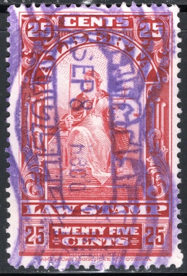 Canada Alberta Stamp Van Dam #AL30, 25c, Law Stamp, Lake Red, Used - Image 1 of 1