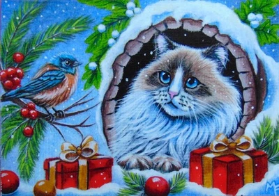 ACEO Original Gato Pájaro Regalos de Navidad Miniatura Paisaje Pintura Arte Foto 1 de 2