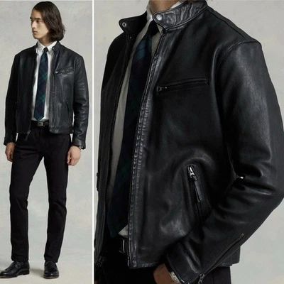 Polo Ralph Lauren Negro Piel de Cordero Café Racer Chaqueta de Cuero M Foto 1 de 4
