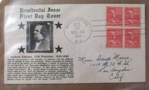 PRESIDENTIAL ISSUE FIRST DAY COVER FDC 1938 17 CENT 4 STAMPS ANDREW JOHNSON - Picture 1 of 2