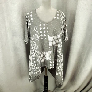 BLUEBERRY ITALIA Linen Tunic Womens Large Made In Italy Artsy Gray White Blouse - Picture 1 of 10