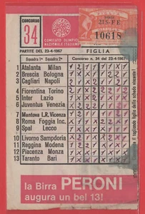 SCHEDINA TOTOCALCIO CONI CONCORSO N°34 DEL 23-4-1967 PUBBLICITA' BIRRA PERONI - Imagen 1 de 1