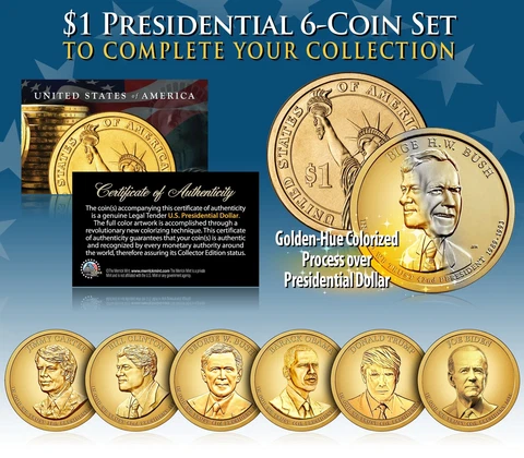 LIVING PRESIDENTS 2020-21 Presidential U.S. Dollar Color GOLDEN HUE 6-Coin Set Cover