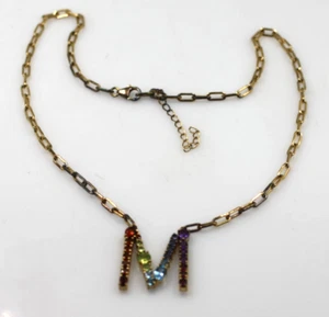 Sterling Silver 925 Vermeil multi color gemstone initial letter M Necklace chain - Picture 1 of 9