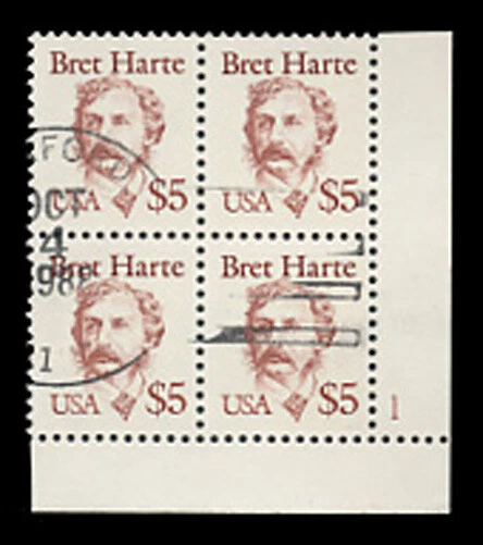 SC #2196 - $5.00 BRET HARTE - USED PLATE BLOCK OF 4 - # 1, L.R. - Image 1 of 1
