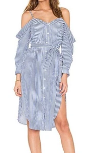 Bardot ‘Paloma’ Blue White Stripe Shirt Dress Off Shoulder Size 8 Classic Sexy - Picture 1 of 11