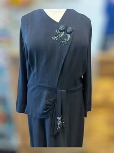 1940s Black Crepe Beaded Peplum Art Deco Dress Rare Plus Size! - Picture 1 of 12