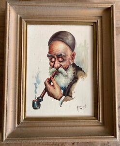 Vintage Mid Century signed Painting Male Pipe smoker Portrait Oil on Canvas