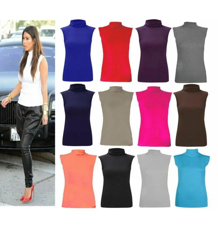 Ladies Sleeveless Polo Turtle Neck T-Shirt Womens Plain Vest Roll Neck Top - Image 1 of 1