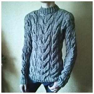 Men's Gray Knitted Hand Sweater Aran Braids Melange Turtleneck Blue White khaki - Picture 1 of 12