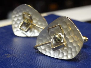 Vintage Estate Gold Tn silver Hammered Hematite gray stone Shirt Cufflinks - Picture 1 of 3