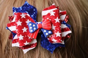 4th Of July Bow Hairbow BOUTIQUE HANDMADE STACKED  - Picture 1 of 3
