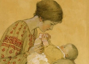 Postcard: Vintage Repro - Young Woman Holds Baby in Embroidered Peasant Blouse - Picture 1 of 3