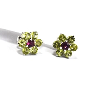 Natural Round Shape Tourmaline and Round Shape Peridot Silver Stud and Statement - Picture 1 of 9