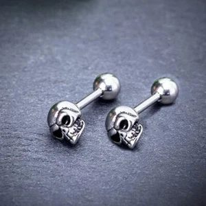 Mens Unisex Gothic Punk Skull Skeleton Screw Back Stud Earrings Stainless Steel - Picture 1 of 3