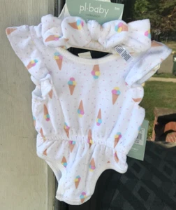 2 piezas Niñas Petit Lem 3 meses Suave Terry Mameluco y Diadema Blanco Estampado Helado Q - Imagen 1 de 7