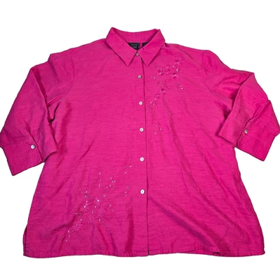 Laura Scott Blouse Womens 18W Pink Linen Button Down Top Shirt Embroidered Plus - Image 1 of 4