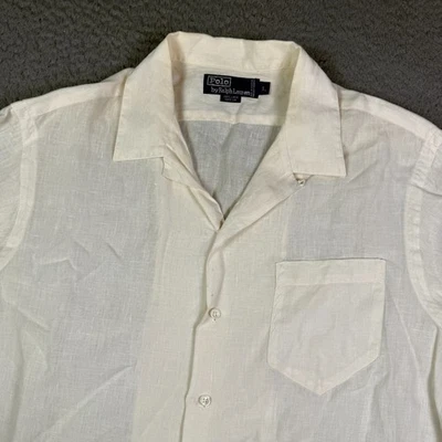 Polo Ralph Lauren Shirt Mens L Beige 100% Linen Loop Collar Hawaiian USA 90s - Image 1 of 4