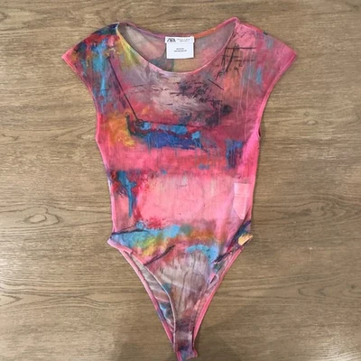 Zara x David Pher Abstract Sheer Mesh Bodysuit-Multicolor-Cap Sleeve-Size S - Image 1 of 4