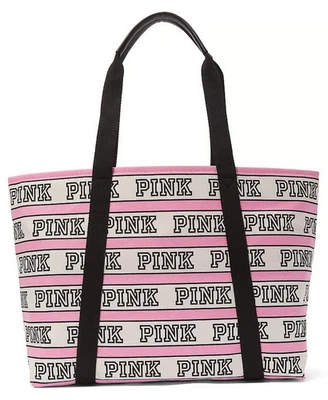 VICTORIA'S SECRET Pink 2025 Tote Bag Iconic Pink & White Stripe Black Handle NEW - Image 1 of 2