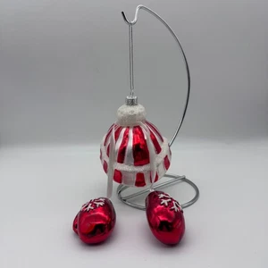 Glas Fäustling & Mütze Weihnachtsschmuck 4" lang Schneeflocke rot & weiß - Bild 1 von 7