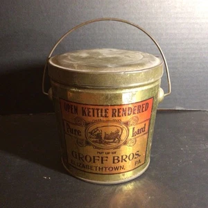 Antigua lata de manteca de cerdo Groff Bros. Elizabethtown Pa., de colección con hervidor abierto renderizado puro - Imagen 1 de 12