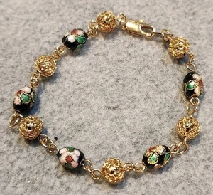 Vintage florales Gliederarmband grüne Blumen goldfarben  - Bild 1 von 3