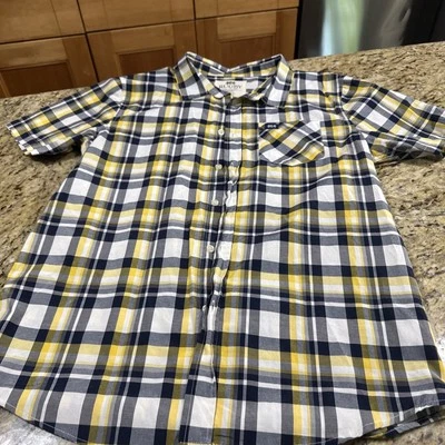 RUGBY Men’s casual shirt, size large yellow, gray, White Stripes collared button - Image 1 of 4
