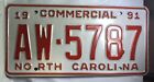 Vintage North Carolina NC Auto License Plate ~Commercial 1991 - AW - 5787